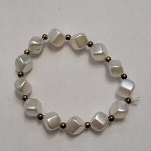 Vintage Faux Pearl Beaded Stretch Bracelet, Square Nugget Beads w Gold Spacers